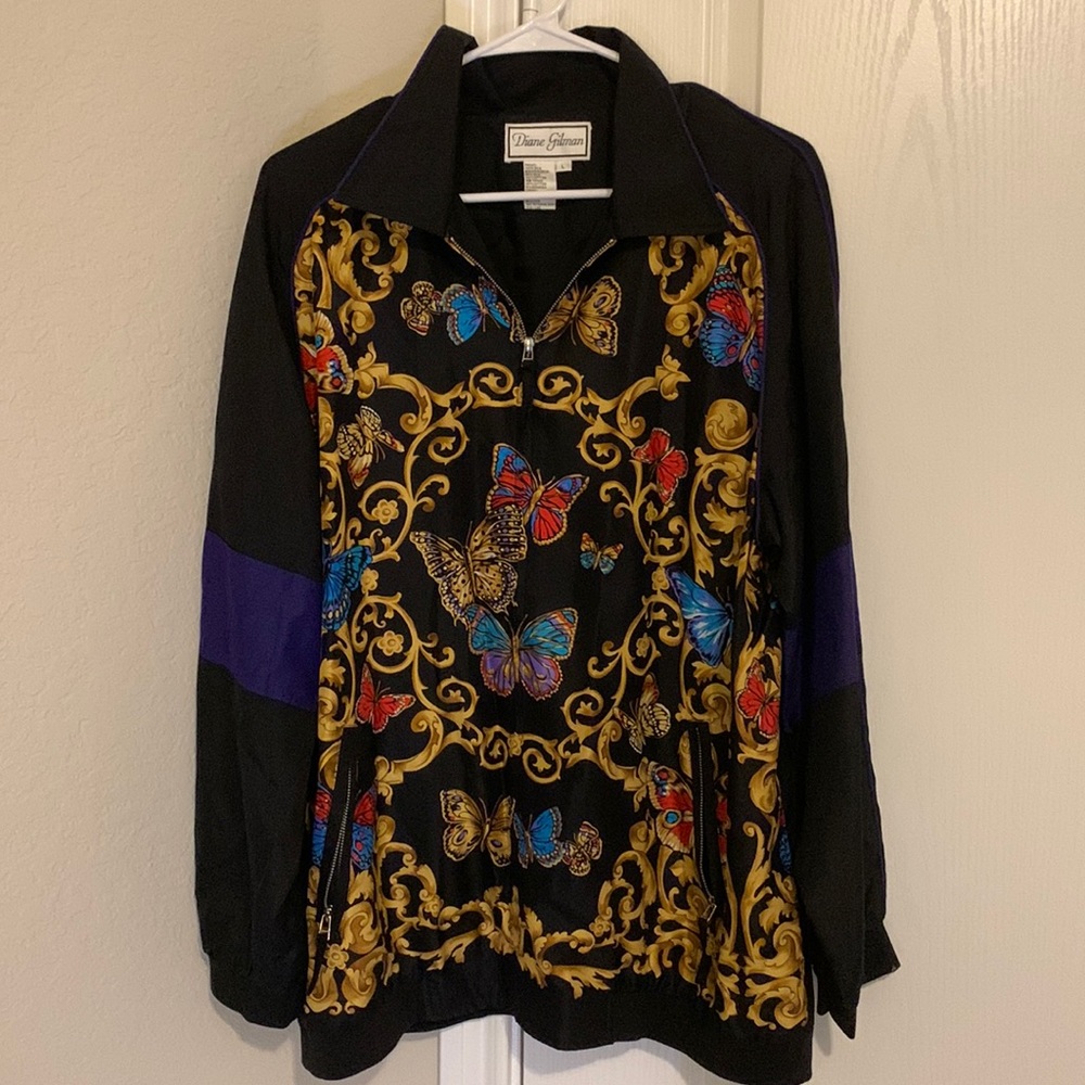 Diane Gilman Full Zip Track Jacket Vintage Butterfly Print 100% Silk Size L.